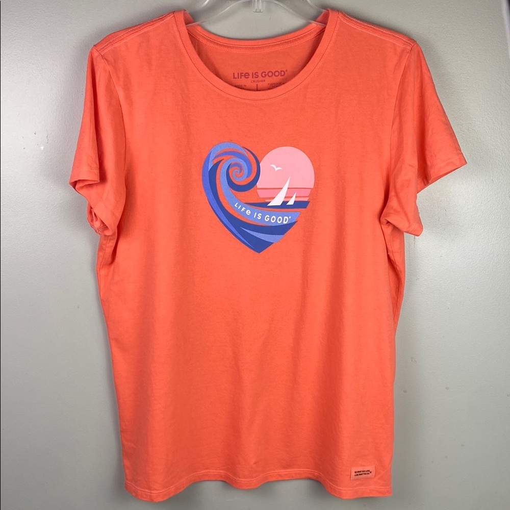 Life Is Good Crusher tee Orange Tee with Heart and Wave Design L